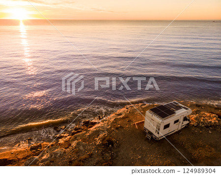 Rv caravan on spanish coast. Aerial view Rv caravan on spanish coast. Aerial view 124989304