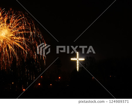 Colorful fireworks at holiday night Colorful fireworks at holiday night 124989371