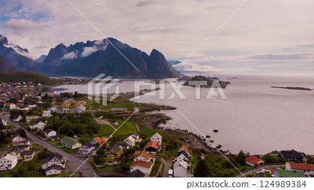 Fjord and mountains landscape. Lofoten islands Norway Fjord and mountains landscape. Lofoten islands Norway 124989384