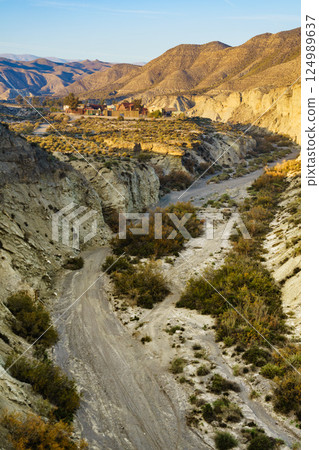Tabernas desert view with Western Leone town, Spain Tabernas desert view with Western Leone town, Spain 124989637