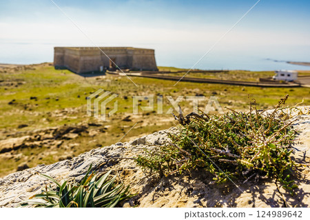 Coast view with caravan at guards castle, Almeria Spain 124989642