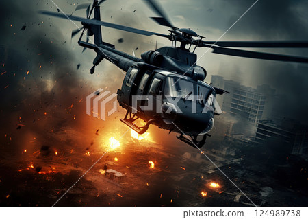 Action shot with helicopter hovering in the air over flame and explosions. Dynamic scene in action movie blockbuster style. Generated AI 124989738