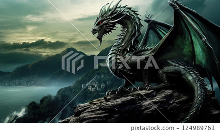 Green dragon, mysterious monster from farytales and symbol of 2024 lunar year in Chinese calendar. Generated AI. 124989761