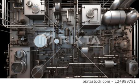 Industrial plant background with shiny pipes. Generated AI. 124989781