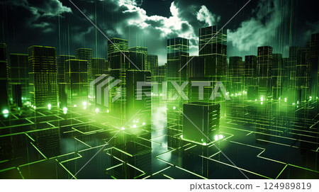 Concept of a digital city with cloud connections. Futuristic network in the clouds. Generated AI. 124989819