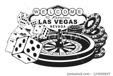 Las Vegas Sign and Casino Elements. Cards, Chips, and Roulette Wheel Composition in a vector illustration.. 124989847