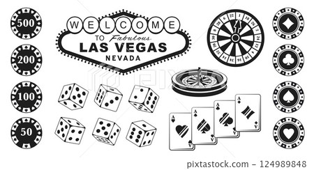 Las Vegas Sign Vector Elements Set. Editable Black Silhouettes Kit in a vector illustration.. 124989848