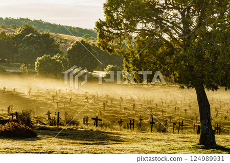 Haze in morning over Sad Hill Cemetery in Burgos, Spain Haze in morning over Sad Hill Cemetery in Burgos, Spain 124989931