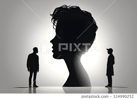 兩個男人面對面的輪廓，中間有一個女人 124990252