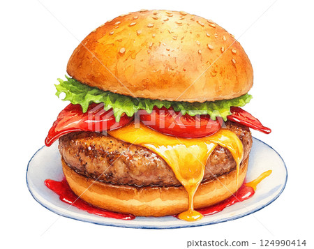 Sliders - Mini Sliders with juicy beef patties, melted cheese, and fresh toppings, vibrant red, yellow, and brown hues, isolated 124990414