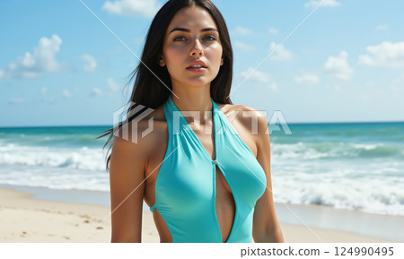 Turquoise blue one-piece swimsuit with a high neck and cut-out sides, designed to provide both comfort and style. The vibrant Turquoise blue one-piece swimsuit with a high neck and cut-out sides, designed to provide both comfort and style. The vibrant 124990495
