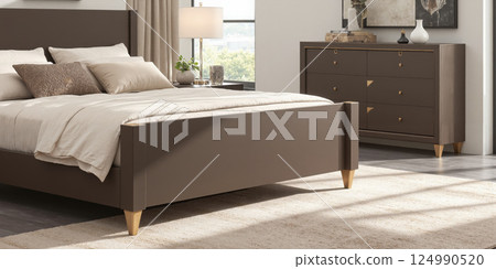 Stylish mocha mousse bed frames with matte metal slats accented by polished gold finishes on the corners. The setting features 124990520