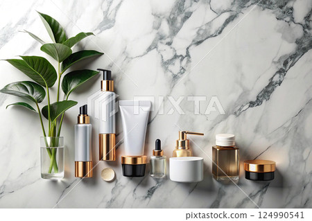 cosmetic bottle containers with green herbal leaves 124990541