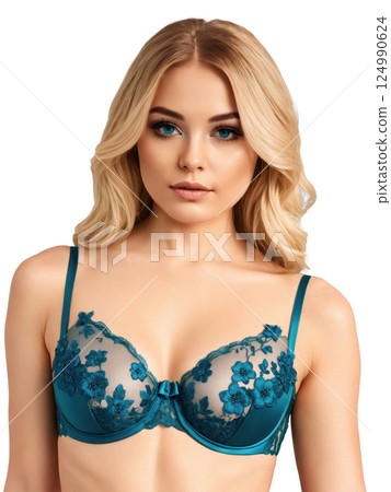 sophisticated teal lace bra featuring delicate floral embroidery over semi-transparent mesh cups. The balconette design is enhanced with satin straps 124990624