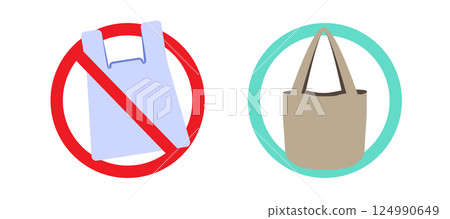 Illustration Of Forbidden Plastic Bag And Approved Reusable Cotton Bag Sustainability Concept 124990649