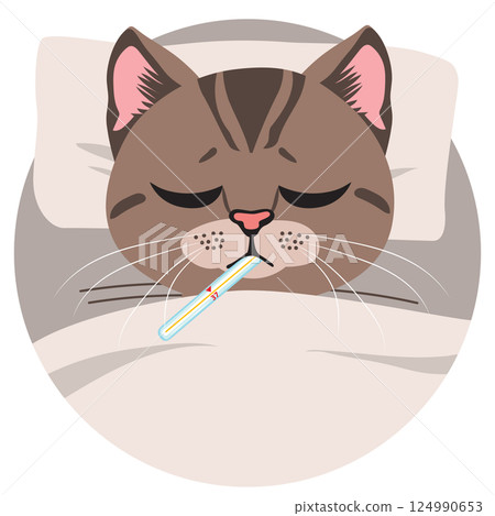 Sad Ill Cat In Bed Vector Illustration 124990653