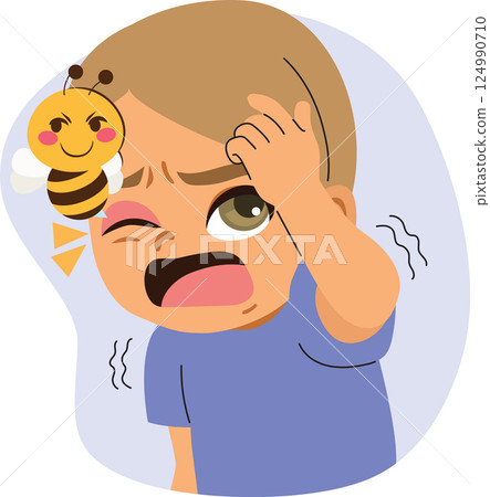 Humorous Frightened Boy Reacting Bee Sting Vector Illustration 124990710
