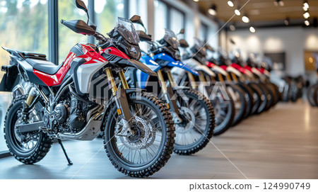 Moto store with adventure bikes different colors are standing in row. Adventure bikes parked in a motorcycle shop with blurred background. Moto store with adventure bikes different colors are standing in row. Adventure bikes parked in a motorcycle shop with blurred background. 124990749