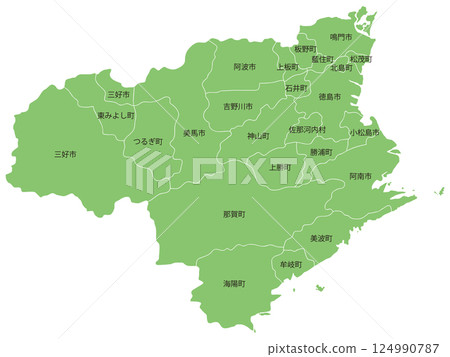 Dividable map of Tokushima prefecture with city and town names 124990787