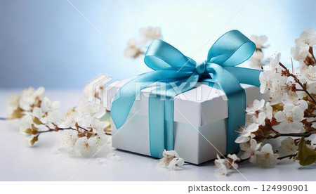 White gift box with blue ribbon 124990901