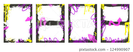 Grunge black diptych templates frame with arrows. Graffiti spray art mockup backgrounds set. Double borders with airbrush lines. Ink punk decor for photo. Overlay vector retro textures on posters Grunge black diptych templates frame with arrows. Graffiti spray art mockup backgrounds set. Double borders with airbrush lines. Ink punk decor for photo. Overlay vector retro textures on posters 124990907
