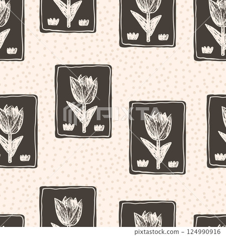 Tulip flowers seamless pattern. Block floral stencil on vintage frame allover background. Crayon drawn repeat cover. Surface pattern design spring motif. Vector hand drawn monochrome illustration Tulip flowers seamless pattern. Block floral stencil on vintage frame allover background. Crayon drawn repeat cover. Surface pattern design spring motif. Vector hand drawn monochrome illustration 124990916