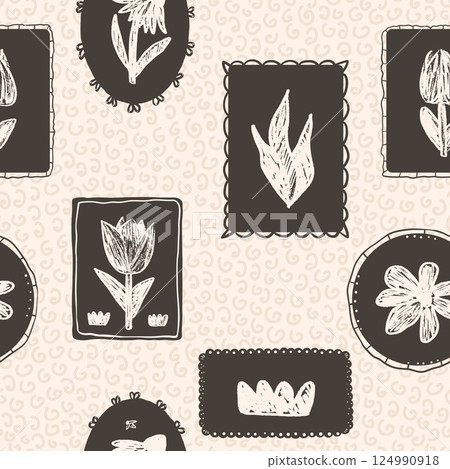 Tulip, daisy flowers seamless pattern. Block print floral stencil on vintage frame allover background. crayon drawn repeat cover. Surface pattern design spring. Vector hand drawn illustration 124990918