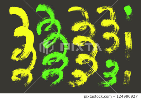 Highlights brush stroke paint squiggles lines. Hand drawn bright confetti. Linear neon dye scribble elements set isolated on dark background. Vector doodle party spirals celebration decoration 124990927