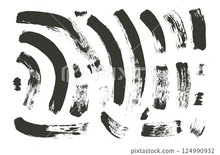 Charcoal wavy brush stroke lines. Hand drawn black ink vector long shapes. Brush line doodles set of streak elements isolated on white background. Marker thick grunge curved stripes 124990932