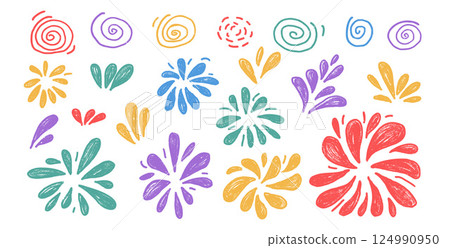 Firework crayon set. Colorful party firecrackers and splashes in scribble doodle style isolated on white background. Carnival decoration. Vector hand drawn by pencil and chalk illustration Firework crayon set. Colorful party firecrackers and splashes in scribble doodle style isolated on white background. Carnival decoration. Vector hand drawn by pencil and chalk illustration 124990950