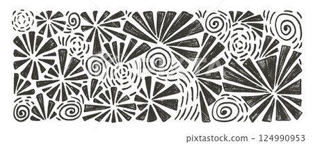 Firework charcoal set. Festive firecracker black brush isolated on white background. Doodle silhouette comets collection. Splash and circle flash. Vector hand drawn illustration 124990953