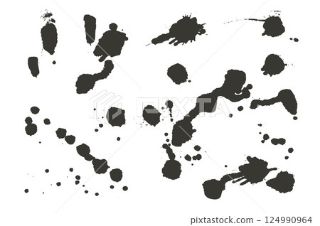 Black paint liquid. Vector ink spray splashes and splatter. Grunge graffiti art drops sprayed. Urban street dirty stencil on wall. Graphic collage messy spots and blobs 124990964