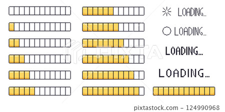 Pixel art loading bar interface. Life and health game display indicator. 8 bit game progress button elements set and text. Waiting signs in retro 80s style. Vector illustration on white background Pixel art loading bar interface. Life and health game display indicator. 8 bit game progress button elements set and text. Waiting signs in retro 80s style. Vector illustration on white background 124990968