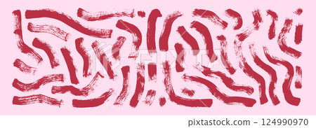 Acrylic dry paint wavy brush stroke lines. Hand drawn vector retro uneven shapes. Paintbrush vintage linear scribble girly elements background. Thick abstract grunge curved strips. 124990970