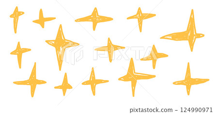Crayon drawn golden sparkle stars set. Space shine shapes and blings doodle pack. Blinking on night sky. Vector handdrawn by pencil or pastel illustration isolated on white background. Crayon drawn golden sparkle stars set. Space shine shapes and blings doodle pack. Blinking on night sky. Vector handdrawn by pencil or pastel illustration isolated on white background. 124990971