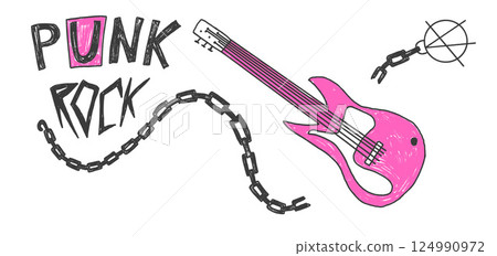 Punk Rock crayon emblem. Music band concert doodle background with copy space. Scribble grunge hand drawn broken chain and guitar. Vector pencil isolated illustration Punk Rock crayon emblem. Music band concert doodle background with copy space. Scribble grunge hand drawn broken chain and guitar. Vector pencil isolated illustration 124990972
