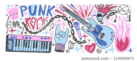 Punk rock music party crayon drawn set. Rock n roll festival doodle background. Scribble grunge music concert flyer elements. Guitar, electronic piano horns, mic graffiti art. Vector illustration 124990973