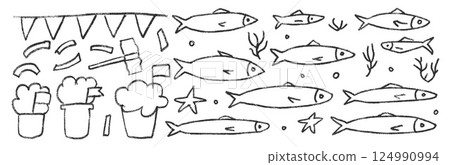 Santos populares festival monochrome elements. Manjerico, hammer and garland with sardines hand drawn set. Fishes line doodle set. Vector illustration isolated on white background Santos populares festival monochrome elements. Manjerico, hammer and garland with sardines hand drawn set. Fishes line doodle set. Vector illustration isolated on white background 124990994