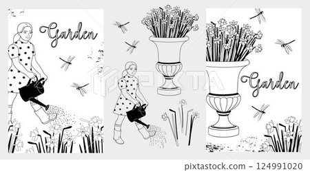 Girl watering flowers from a watering can. Blooming daffodils in planter. Set Elements. Black and white vector illustration 124991020