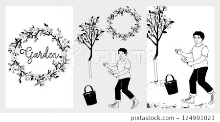 Boy with brush whitewashing apple tree. Flower wreath of blossoming apple  tree branches. Set Elements. Black and white vector illustration 124991021