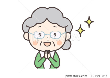 一位老婦人雙手緊握，看起來很開心 124991034