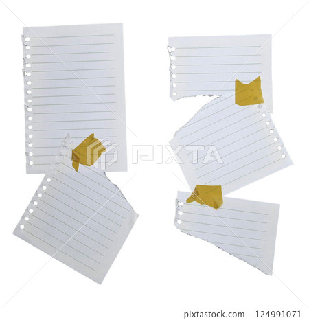 Pieces of white paper with adhesive tape isolated on white background 124991071
