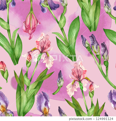 Seamless watercolor pattern with iris flowers on a pink background. Irises, leaves, buds, all objects are hand-drawn with watercolor. Suitable for printing on postcards, invitations, home textiles. 124991124