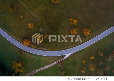 Aerial image with road crossing an autumn orchard on a cold morning in October 124991198