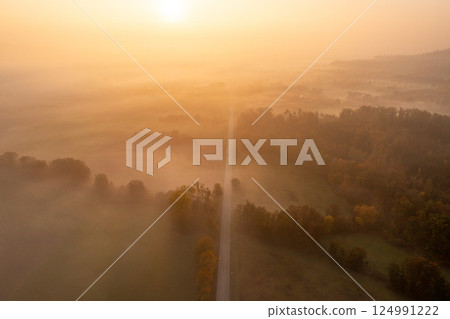 Drone shot with an autumn forest and a road on a foggy morning at golden hour 124991222