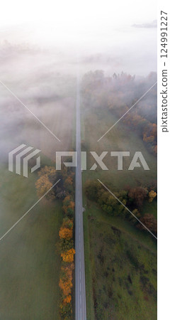 Road through foggy forest, drone aerial view at sunrise Road through foggy forest, drone aerial view at sunrise 124991227