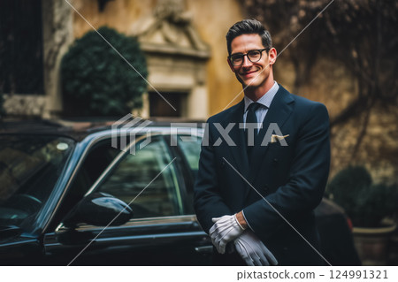 Courteous and professional chauffeur at the entrance of the luxury establishment 124991321