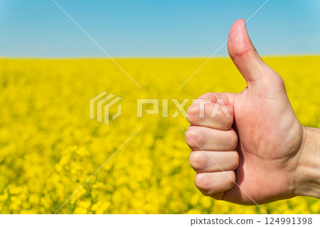 Farmer's hand symbolizes a good harvest. Growing Yellow Rape. Soft focus, copy space Farmer's hand symbolizes a good harvest. Growing Yellow Rape. Soft focus, copy space 124991398