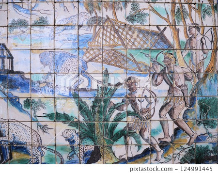 Old Portuguese decorative tiles: Azulejos of local South American people and leopards Old Portuguese decorative tiles: Azulejos of local South American people and leopards 124991445