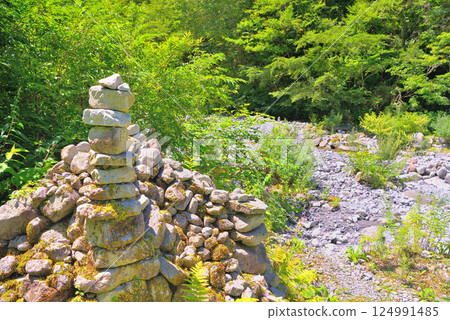 Chugoku region, Daisen-Oki National Park, Ogamiyama Shrine Okumiya, image of Sai no Kawara, child memorial cairn, Daisen Town, Tottori Prefecture Chugoku region, Daisen-Oki National Park, Ogamiyama Shrine Okumiya, image of Sai no Kawara, child memorial cairn, Daisen Town, Tottori Prefecture 124991485